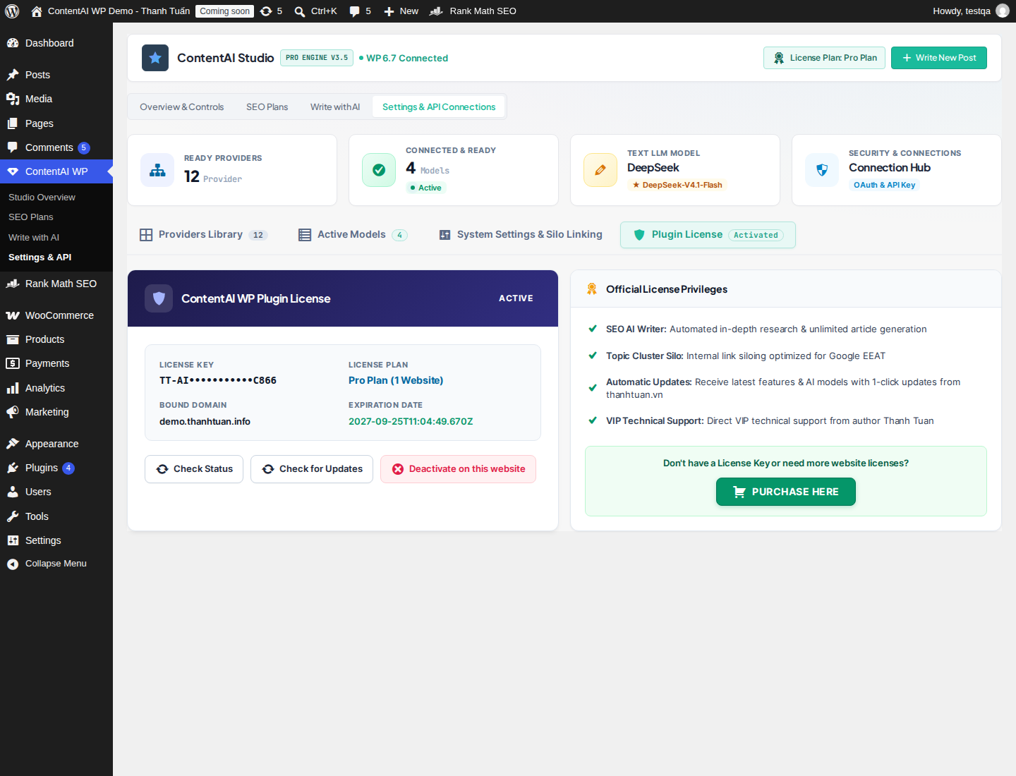 Màn hình kích hoạt bản quyền ContentAI WP